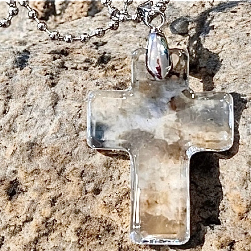 Crystal Clear Glass Cross Necklace with silver toned Beaded Chain 22” - Picture 3 of 17